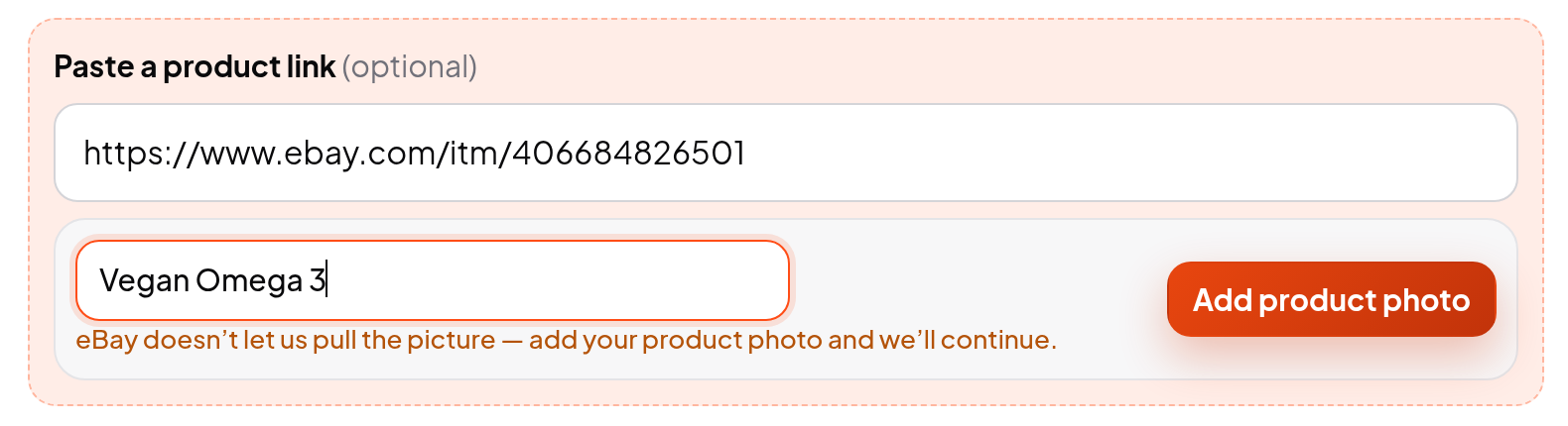 Quick make with the eBay link pasted, asking for the product photo