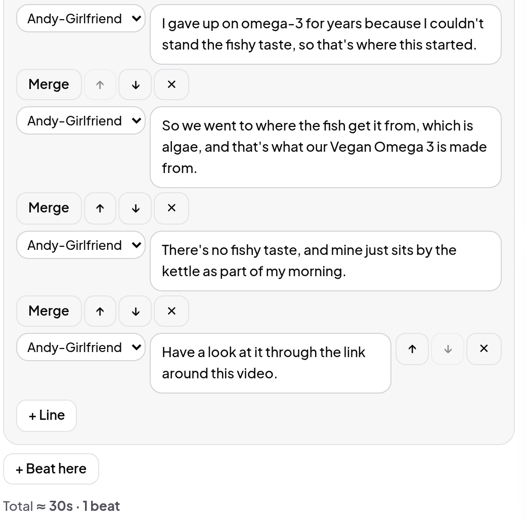 The outline: two beats in plain words, with the Look and presenter set