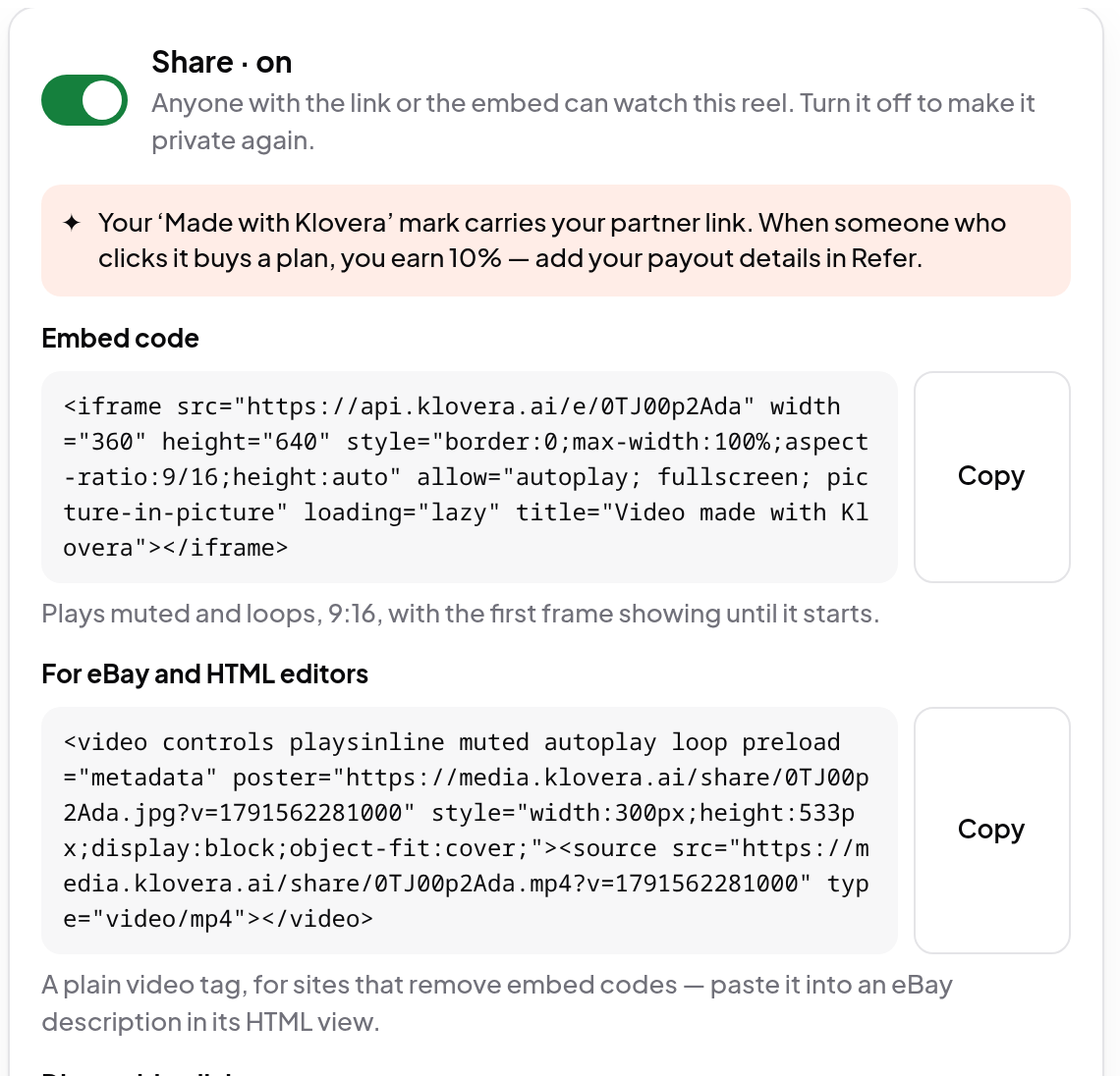 Embed: Share on, and the For eBay and HTML editors box to copy