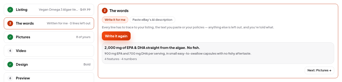 The words step with the headline written from the listing