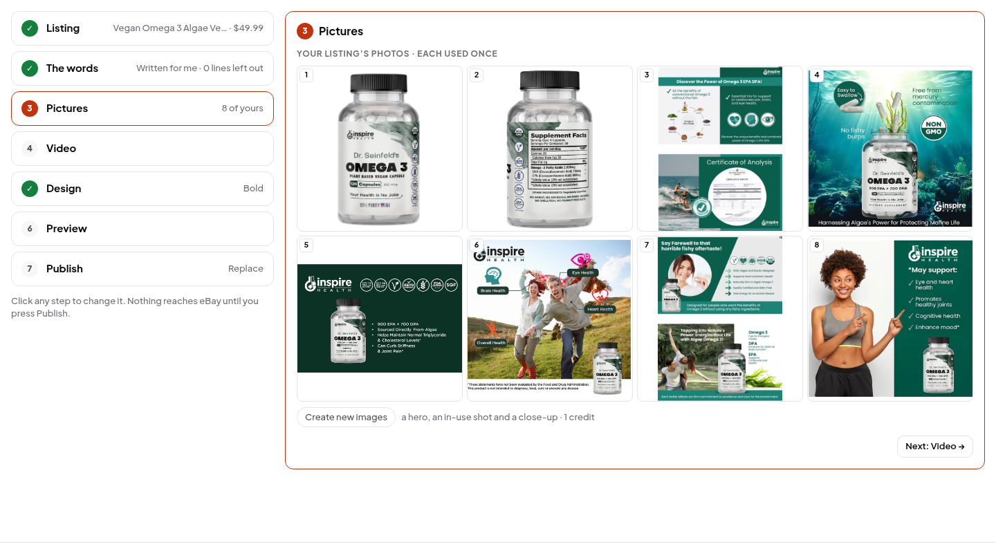 The pictures step showing the listing's eight photos