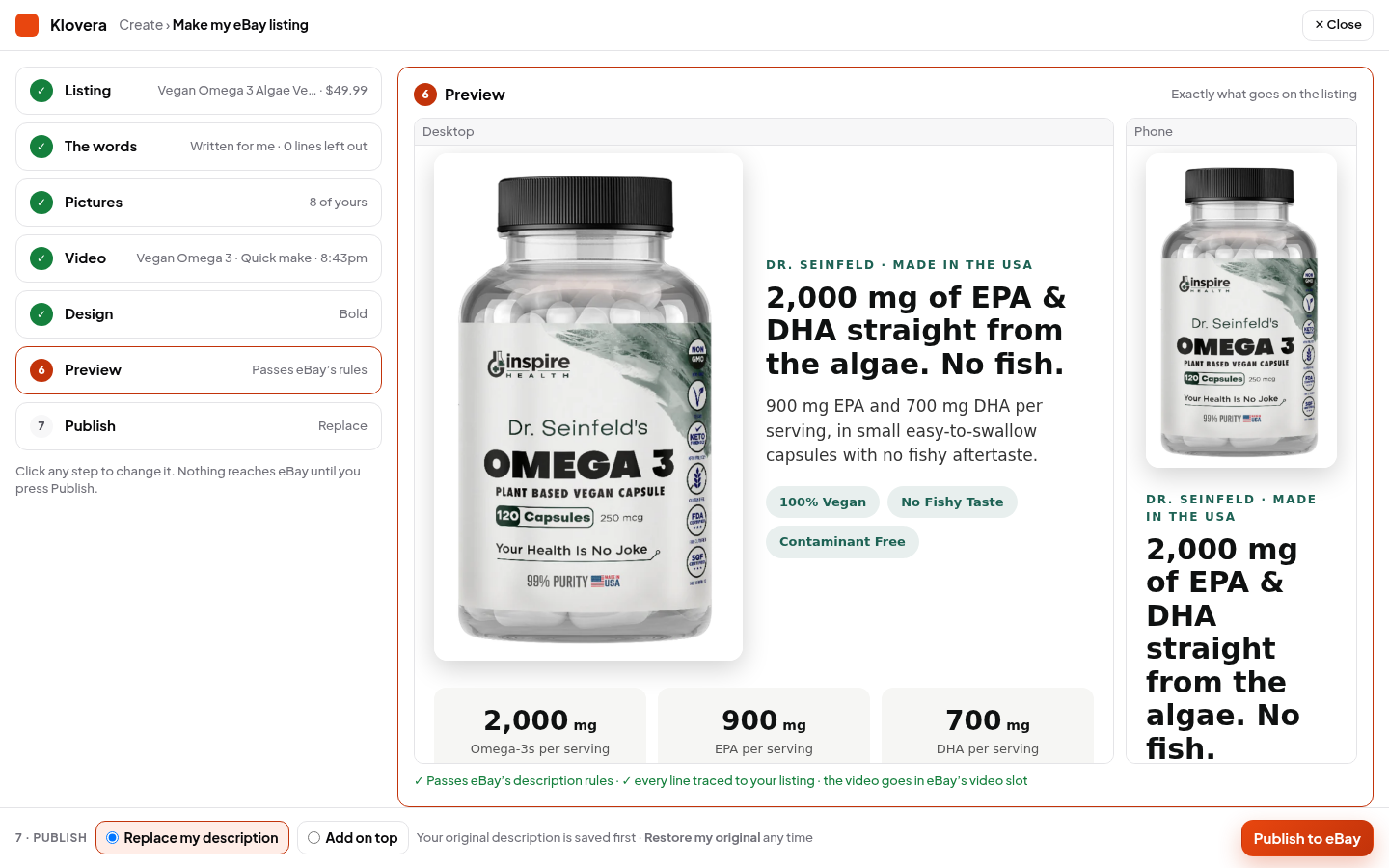 The preview step, desktop and phone, with Publish to eBay