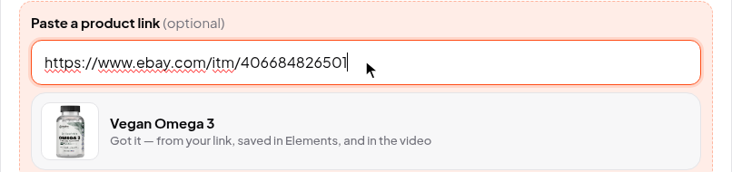 The eBay link pasted into Quick make, and the product read from it
