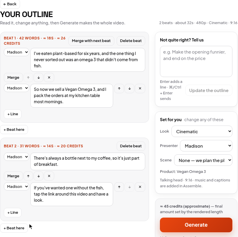 The outline, the cost and the Generate button