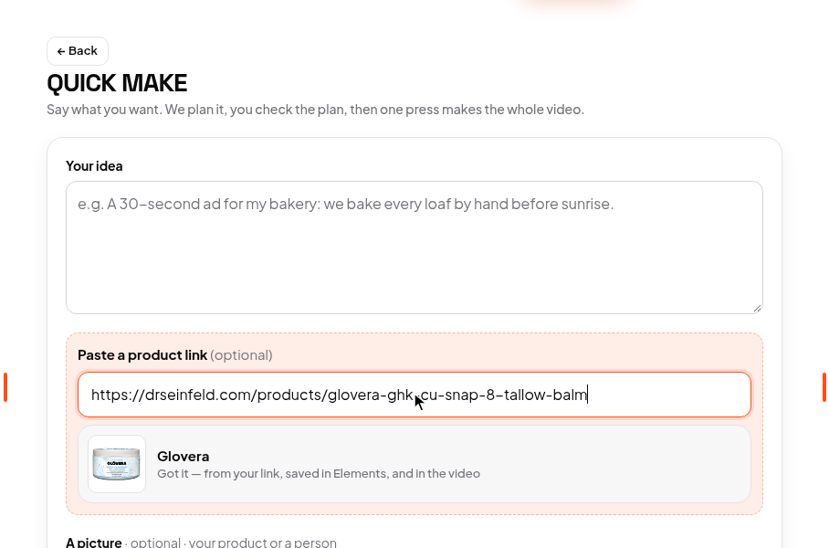 The product link pasted into Quick make, and the product read from it