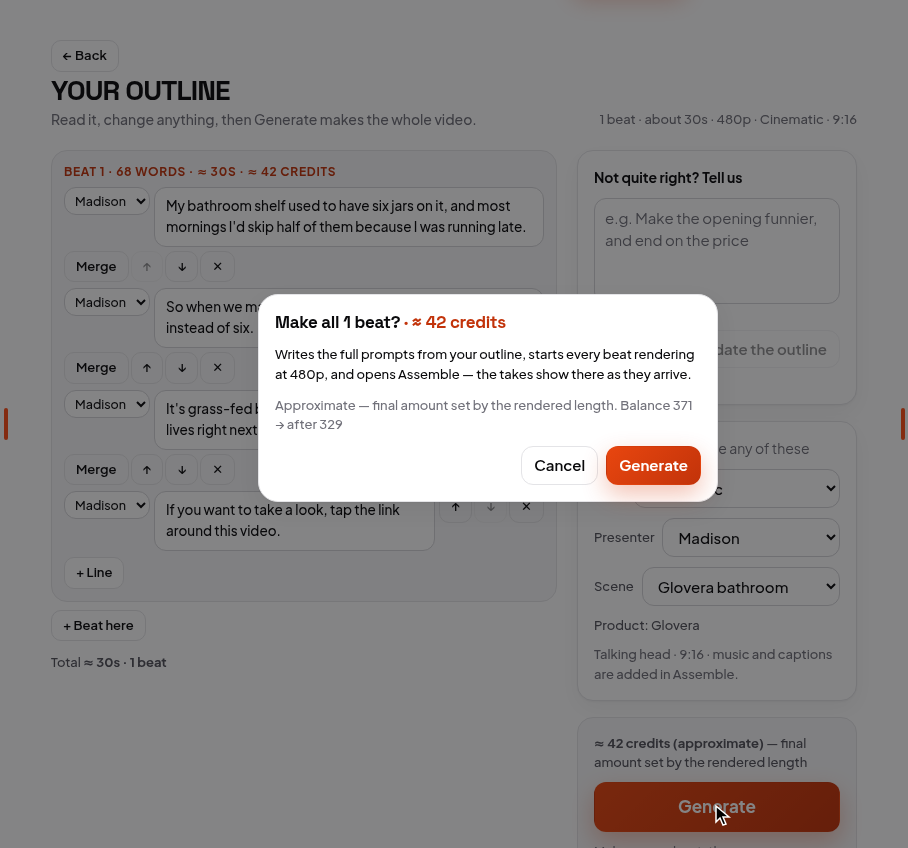 The outline and the cost, before Generate