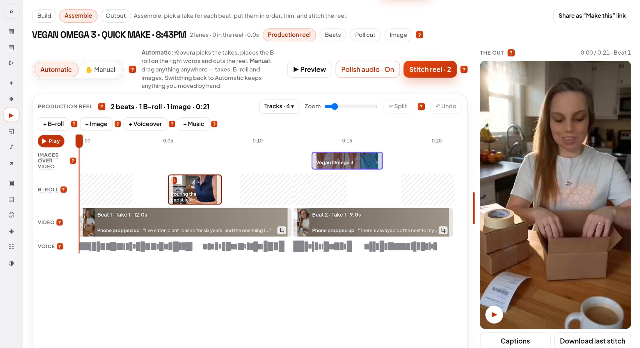 Assemble: the reel on tracks for B-roll, images, video and voice, with The Cut previewing it.