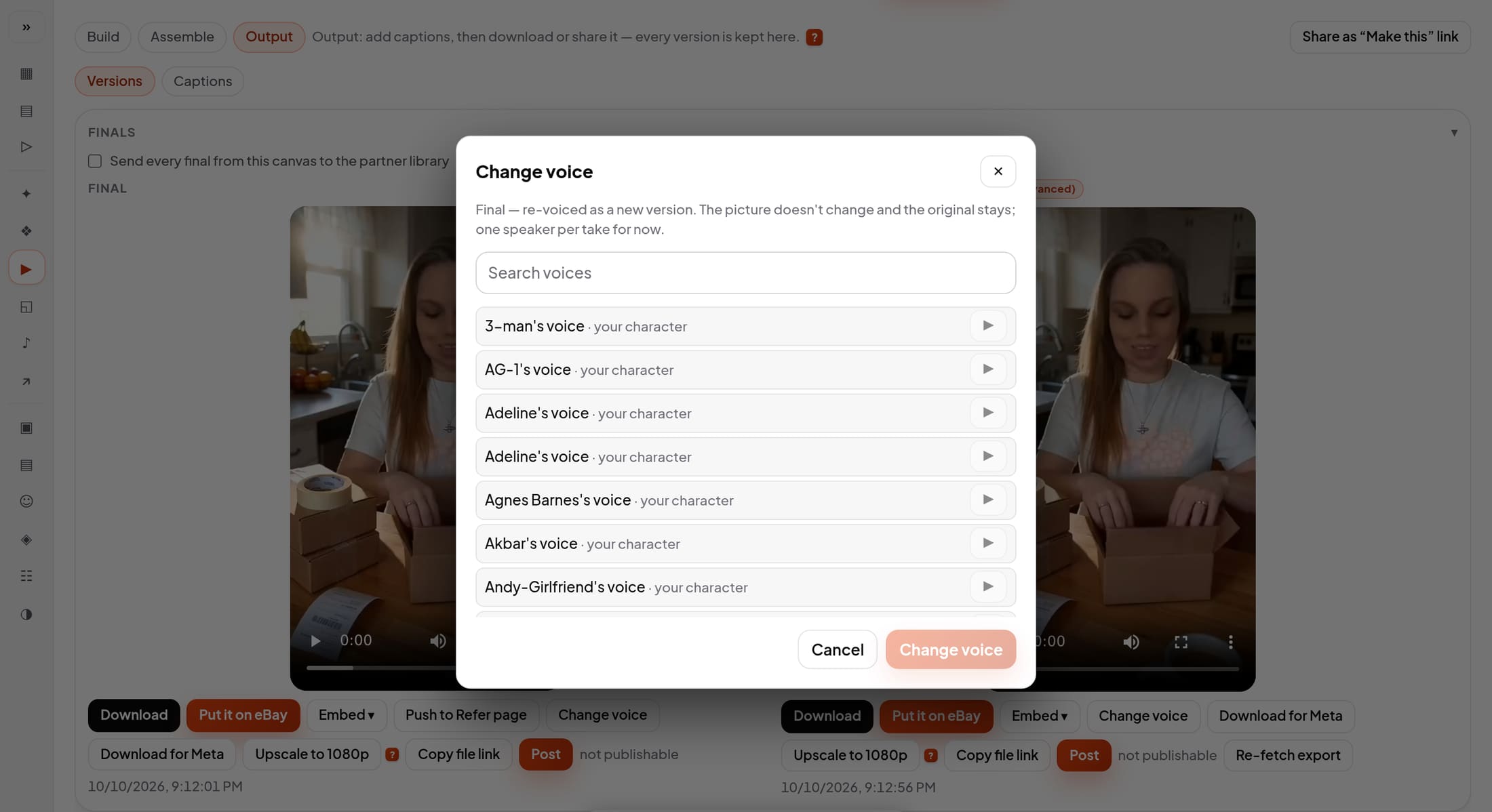 The Change voice picker, with a play button beside every voice.