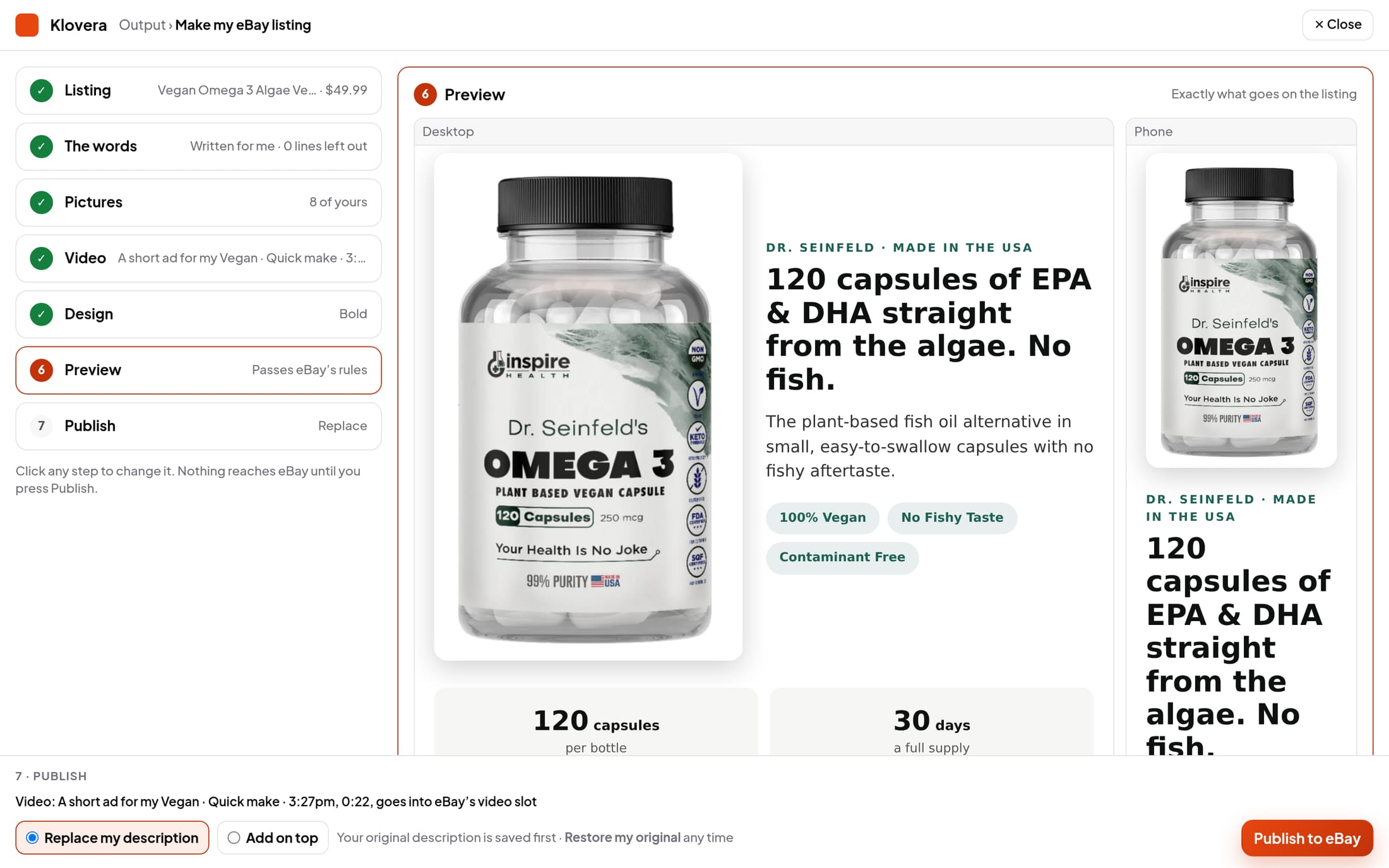 The same listing as a Klovera page in the Bold design, with the video at the top.